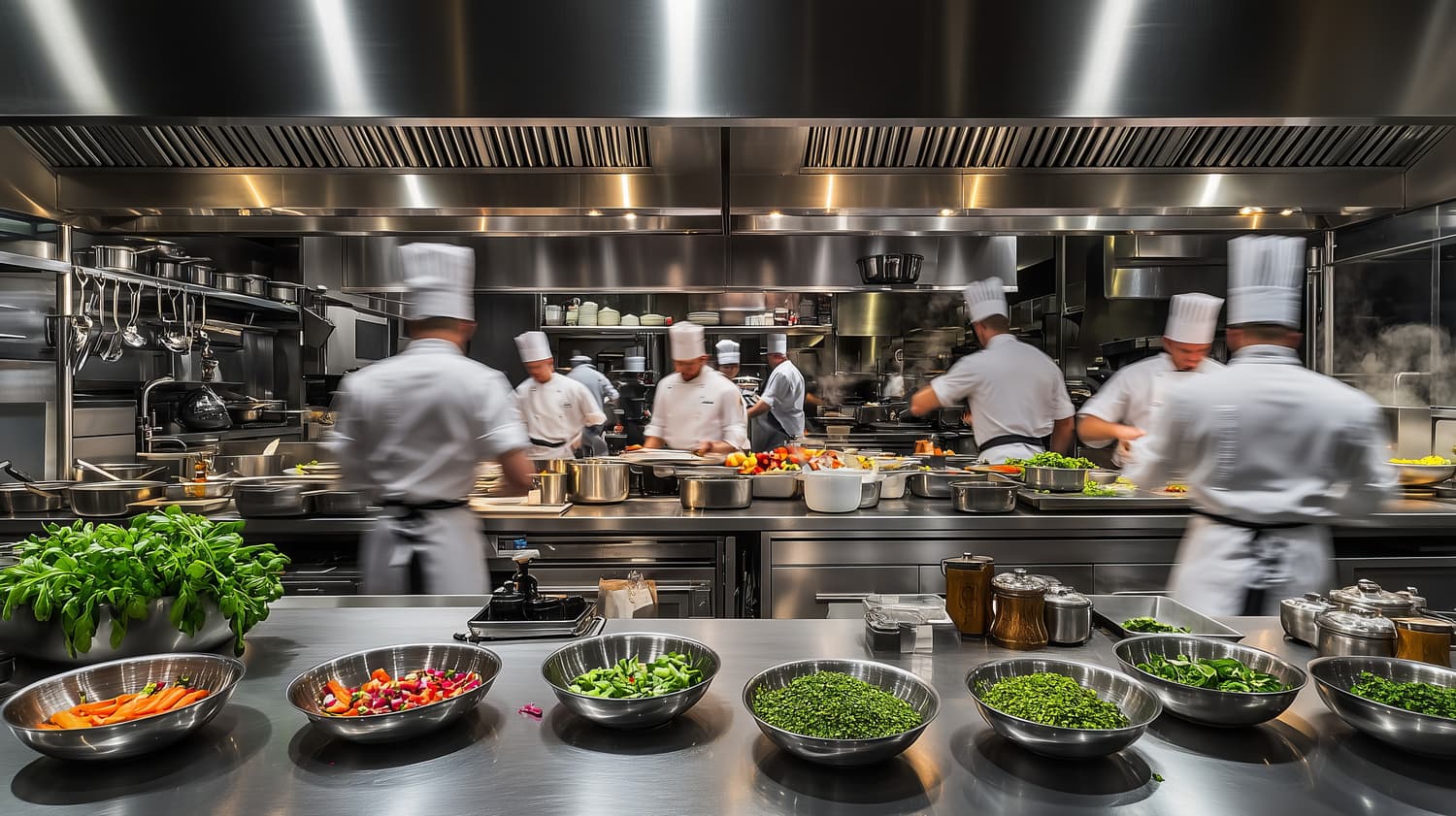 Cozinha industrial em operação, equipe preparando refeições em alto volume
