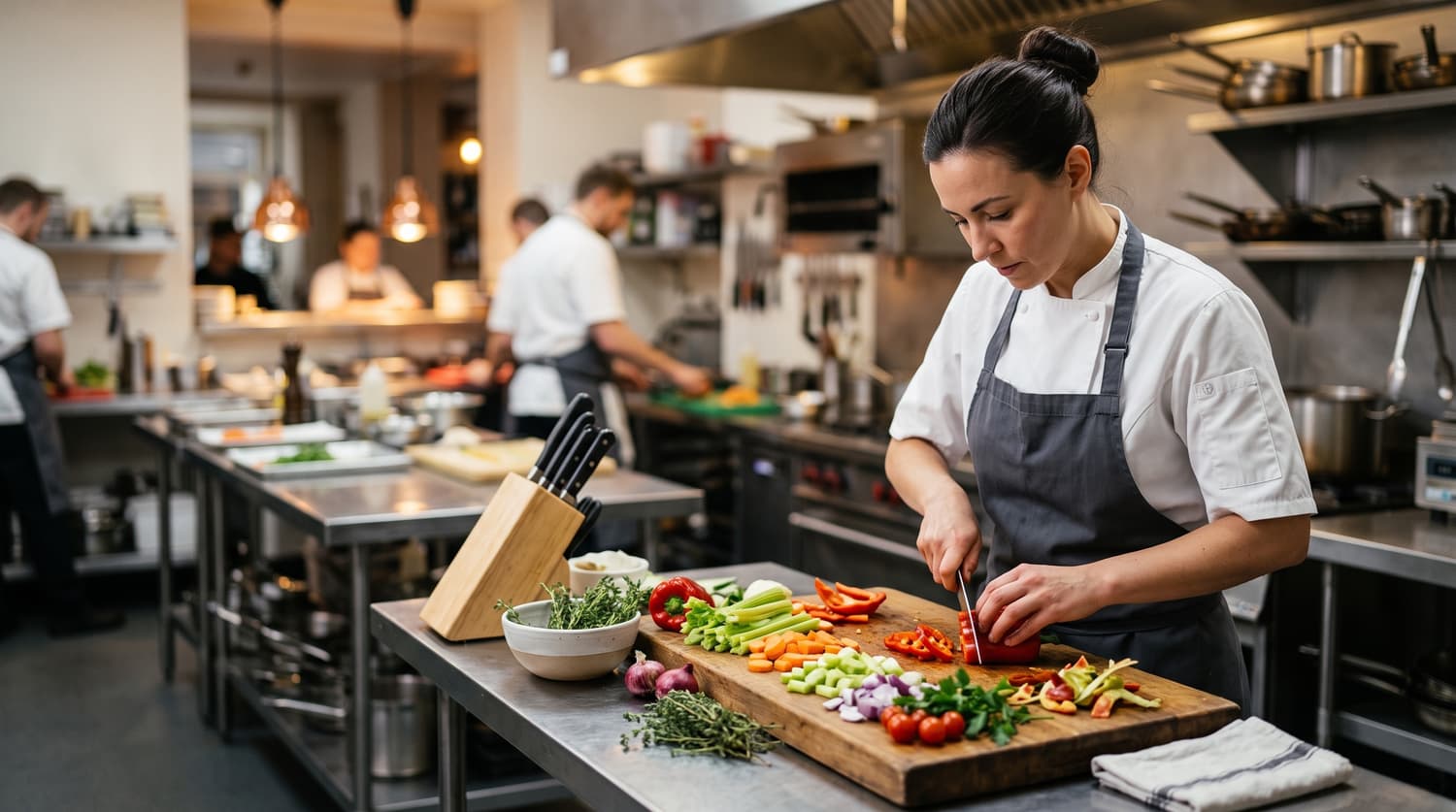 Preparo de alimentos em cozinha profissional de rede de food service